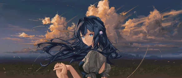 Portrait of a Blue-Haired Girl in a Dress - free cartoons & comics wallpaper 8400×3600