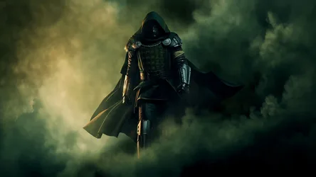 Hooded Warrior Emerges Through Fog - free fantasy wallpaper 3840×2160
