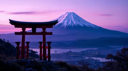 Mount Fuji at Twilight: Sacred Gate and Purple Skies - free gaming wallpaper 7680×4319