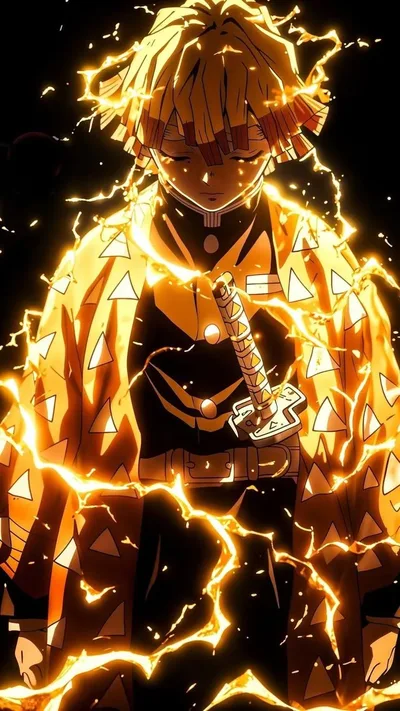 Thunder Breathing Warrior in Golden Flame - free fantasy wallpaper 736×1308