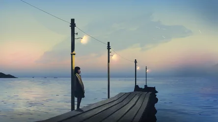 Twilight Pier: Silent Contemplation by the Sea - free art & design wallpaper 3840×2160