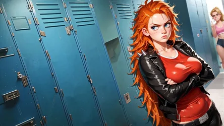 Locker Room: Orange-Haired Two Women in a Jacket - free art & design wallpaper 1920×1080
