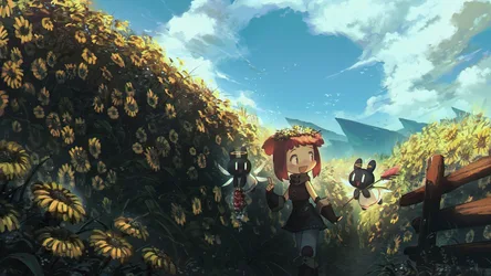 Red-Haired Woman in a Field - free cartoons & comics wallpaper 3200×1800