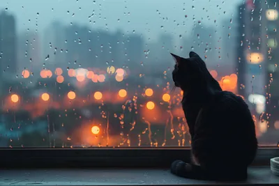 Black Cat Gazing at Rainy City Lights - free wallpaper 6720×4480