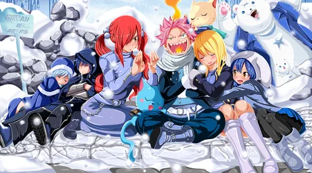 Anime Group in Winter Outfits on Snowy Landscape - free wallpaper 6000×3329
