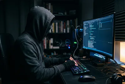 Hooded Programmer Working at Night on Code - free technology wallpaper 5056×3392