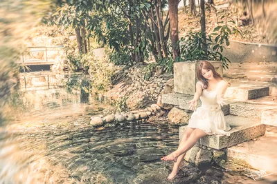 Woman in White Dress by Stream with Bare Feet - free people & portraits wallpaper 5760×3840