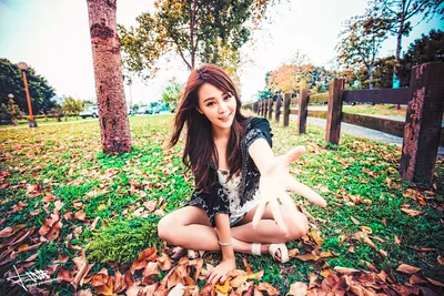 Young Woman Posing in Autumn Park with Fallen Leaves - free wallpaper 5760×3840