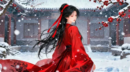 Woman in Red Robe in Snowy Asian Courtyard - free wallpaper 3858×2160