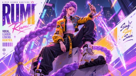 Purple-Haired Warrior in Urban Cyberpunk Setting - free wallpaper 5504×3072