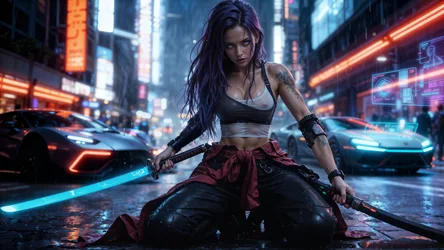Cyberpunk Warrior in Neon Urban Street - free wallpaper 3840×2160