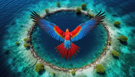 Scarlet Macaw Flying Over Tropical Island Lagoon - free animals wallpaper 3840×2194