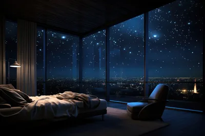 Luxurious Bedroom With Starry Night City View - free art & design wallpaper 5376×3584