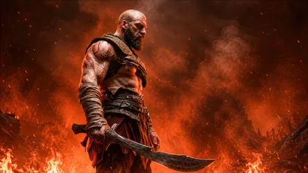 Warrior with Curved Blade in Fiery Inferno - free gaming wallpaper 5120×2881
