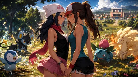 Two Anime Trainers with Pokémon in Sunny Landscape - free anime wallpaper 4644×2612