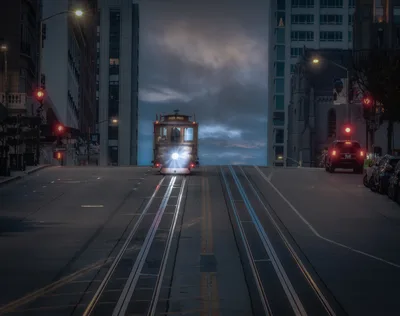 Cable Car on Downtown Street at Dusk - free city & urban wallpaper 4096×3234