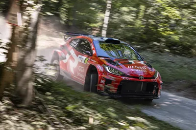 Red Toyota Rally Car Drifting Through Forest Road - free cars & vehicles wallpaper 6144×4098