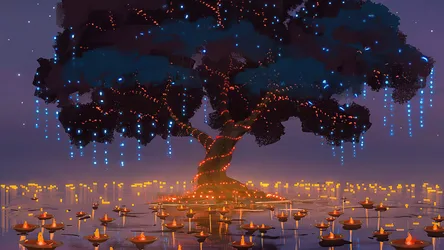 Luminescent Tree Above Floating Lanterns at Twilight - free art & design wallpaper 3840×2160