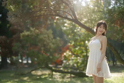 Woman in White Dress in Sunlit Garden - free wallpaper 6144×4096