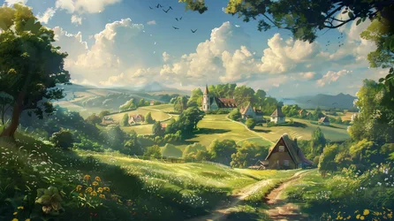 Rolling Meadows: A Pastoral Village Dream - free wallpaper 4630×2595