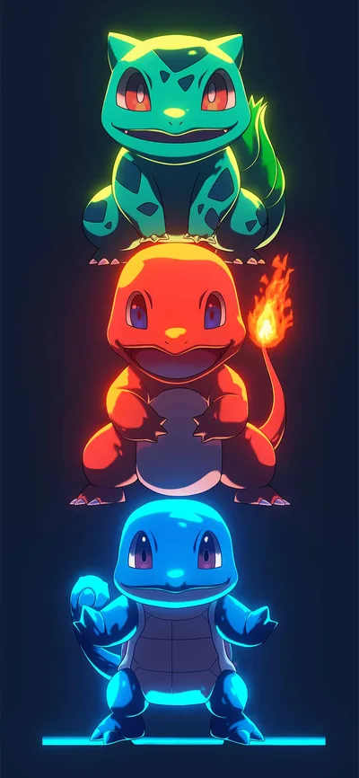 Neon Starter Trio: Fire, Grass, Water - free wallpaper 1180×2554