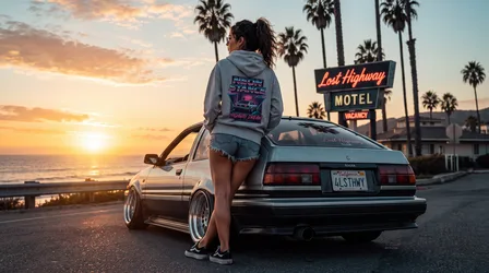 Woman Posing at Classic Car with Motel Sign at Sunset - free people & portraits wallpaper 5504×3072