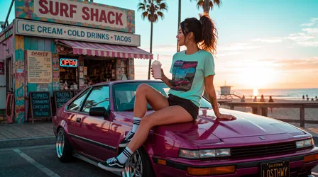 Woman on Purple Car at Beach Surf Shack at Sunset - free people & portraits wallpaper 5504×3072
