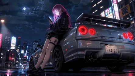 Anime Girl with Purple Hair Posing on Sports Car - free people & portraits wallpaper 3840×2160