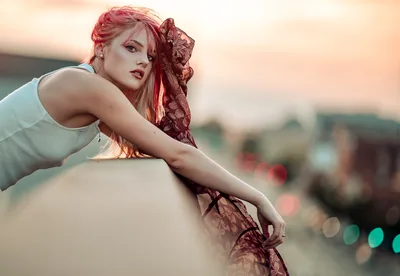 Woman with Pink Hair in Lace Overlooking Cityscape - free people & portraits wallpaper 4000×2762