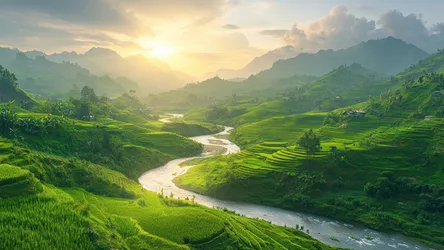 Terraced Rice Fields Valley with River at Sunrise - free landscapes wallpaper 3840×2160
