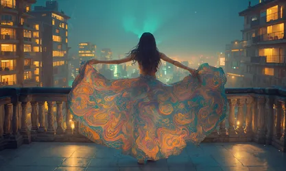 Woman with Flowing Fabric Overlooking Cityscape at Night - free wallpaper 3840×2304