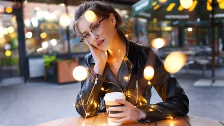 Woman with Coffee at Evening Urban Street - free people & portraits wallpaper 2560×1440