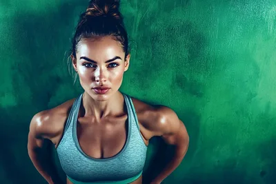 Fit Woman in Sports Bra Against Green Background - free wallpaper 5376×3584