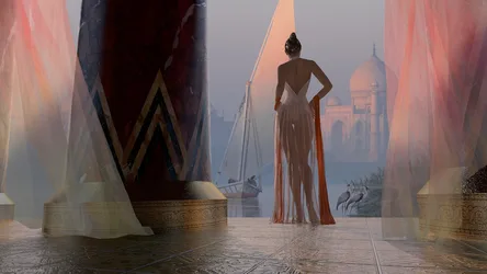 Woman in Flowing Gown Overlooking Misty Eastern Palace - free wallpaper 1920×1080