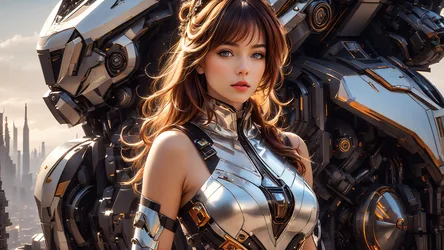 Futuristic Woman in Metallic Armor Before Sci-Fi Cityscape - free wallpaper 1920×1080