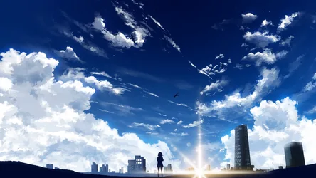 Silhouetted Figure Standing Before Futuristic City Skyline - free anime wallpaper 2560×1440