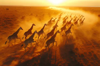 Herd of Giraffes Running Through Desert Dust Storm - free wallpaper 6720×4480