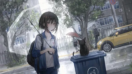 Girl With Umbrella and Black Cat on Rainy Street - free anime wallpaper 2000×1125