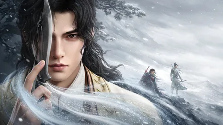 Warrior with Sword in Snowy Mountain Landscape - free wallpaper 1920×1080