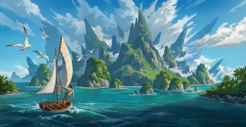 Sailboat Adventure Among Towering Island Peaks - free anime wallpaper 1920×990