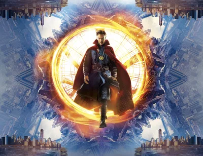 Sorcerer with Golden Portal in Mirrored Cityscape - free movies & tv wallpaper 3900×3000