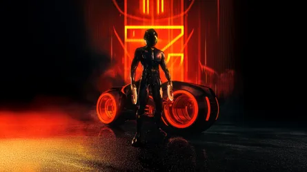 Neon Cyberpunk Warrior With Glowing Motorcycle - free wallpaper 5120×2879