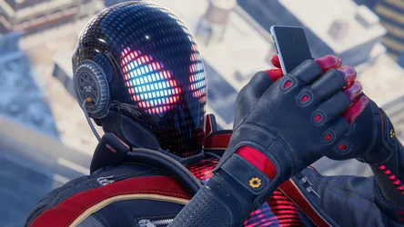 Futuristic Cyborg Holding Smartphone with LED Helmet - free wallpaper 3840×2160
