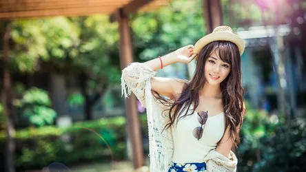 Young Woman in Straw Hat with Lace Shawl in Garden - free people & portraits wallpaper 5760×3240