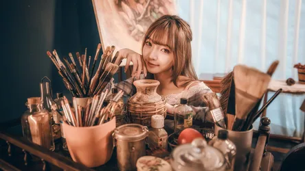Artist in Studio with Painting Supplies and Pottery - free people & portraits wallpaper 5878×3306