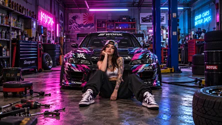 Woman Posing in Neon-Lit Cyberpunk Garage with Modified Sports Car - free people & portraits wallpaper 8360×4705