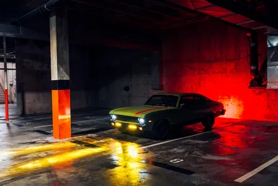 Vintage Muscle Car in Neon-Lit Underground Garage - free wallpaper 5889×3926