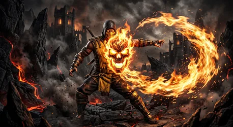 Flaming Skull Warrior in Apocalyptic Castle Ruins - free gaming wallpaper 2816×1536