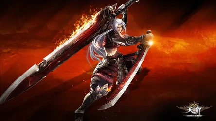 White-Haired Warrior With Flaming Greatswords - free wallpaper 1920×1080