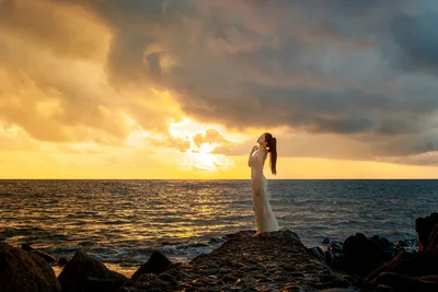 Woman in White Dress Standing on Rocks at Sunset - free people & portraits wallpaper 6000×4000